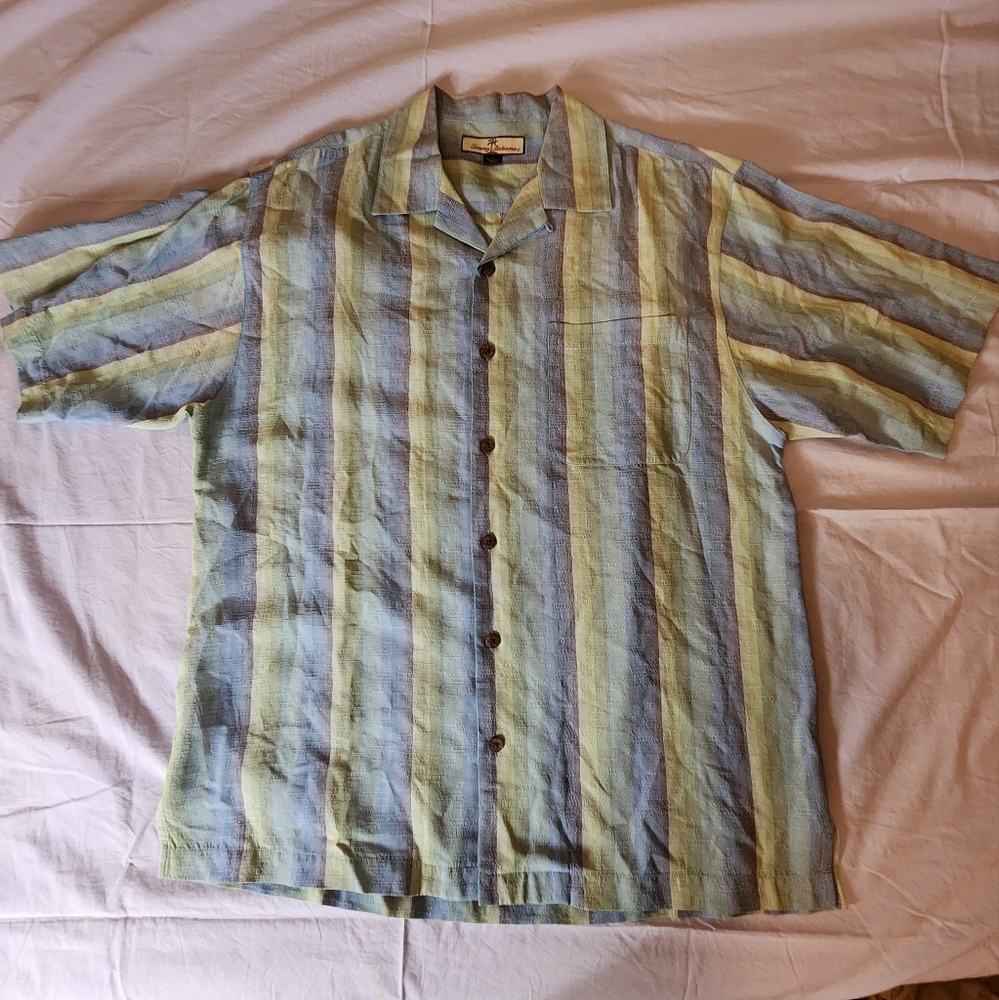 Tommy Bahama 100% Silk Striped Button-Front Camp Shirt Men’s M Resort Casual